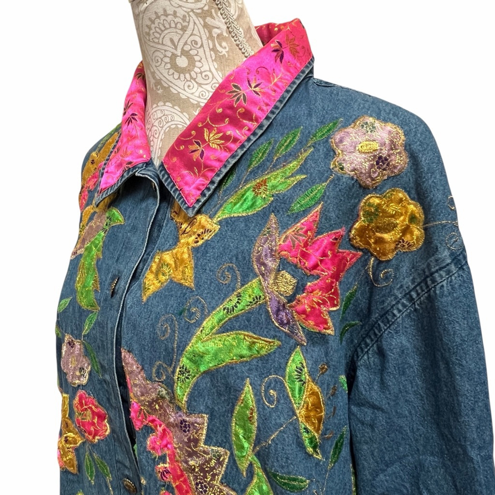 Carolina Blues Plus Denim Jacket 20W Embroidered Floral Boho Pink Collar - Picture 16 of 16